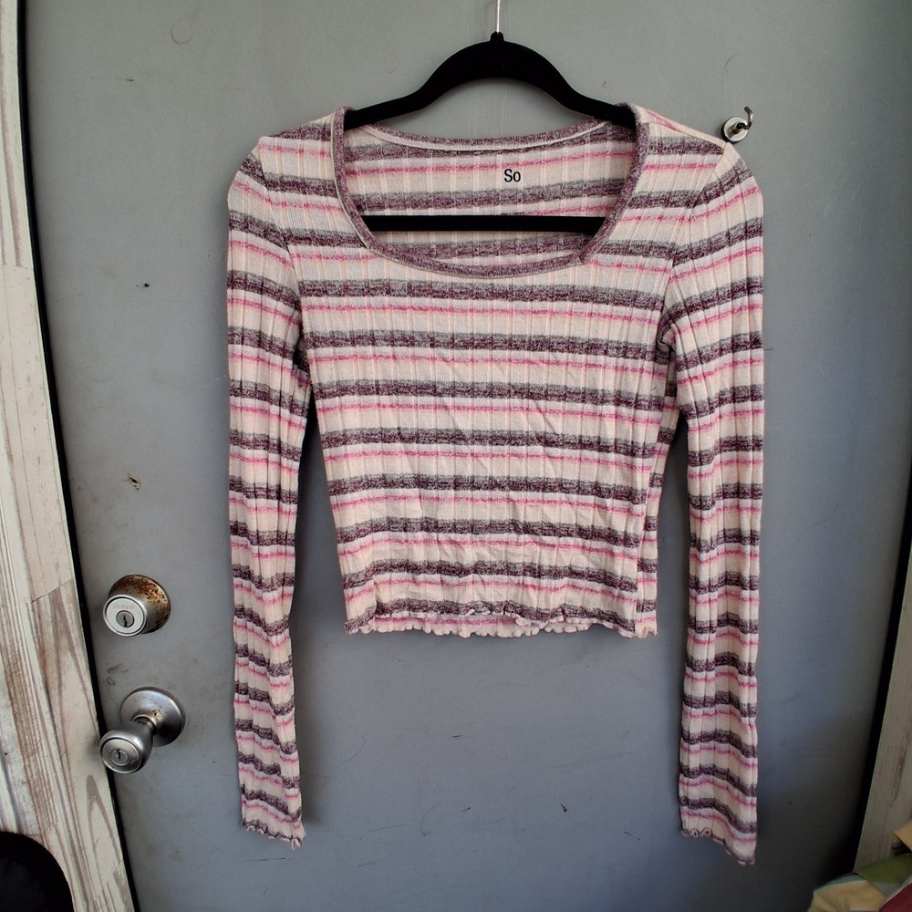 Retro Y2K Style Ribbed Knit Stripe LS Crop Top Lettuce Edge Pink Plum Sage XS